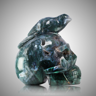 Moss Agate Skull Carving, natural mineral specimen from Madagascar