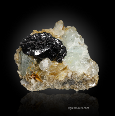 Cassiterite on Aquamarine & Muscovite Cluster, natural mineral specimen (view 1)