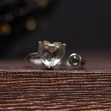 Libyan Desert Glass + Moldavite Ring, gemstone jewellery (view 1)