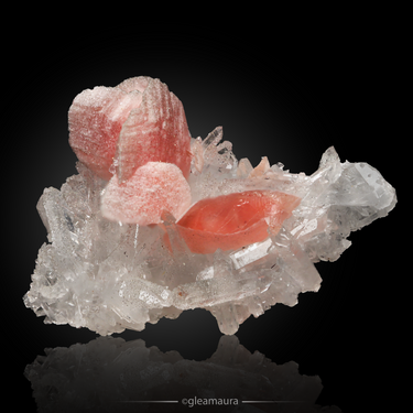 Rhodochrosite on Quartz, natural mineral specimen from Wutong Mine, China (view 1)