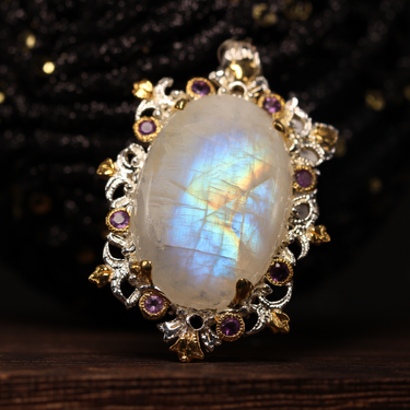 Rainbow Moonstone, Amethyst Pendant, gemstone jewellery (view 1)