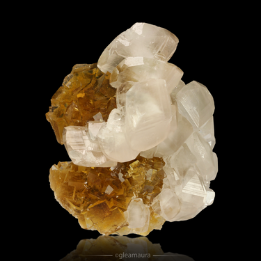 Calcite on Yellow Fluorite, natural mineral specimen from La Collada Mine, Spain