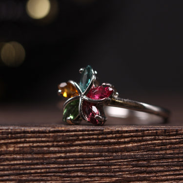 Rainbow Tourmaline Flower Ring, gemstone jewellery (view 1)