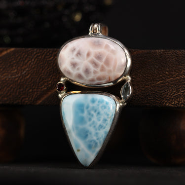 Larimar, Pink Natrolite, Garnet, Topaz Pendant, gemstone jewellery (view 1)