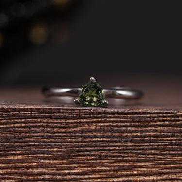 Moldavite Trillion Ring, gemstone jewellery (view 1)