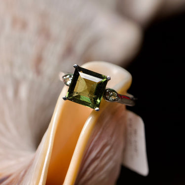 Moldavite Square Ring, gemstone jewellery (view 1)