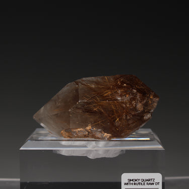 Smoky Rutilated Quartz, natural mineral specimen from Novo Horizonte, Brazil Comes with customized acrylic base (view 1)