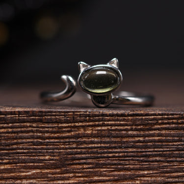 Moldavite Cat Ring, gemstone jewellery (view 1)