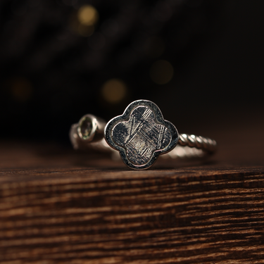 Muonionalusta Meteorite Clover with Moldavite Ring, gemstone jewellery (view 2)