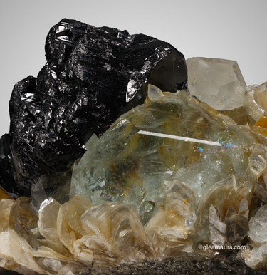 Cassiterite on Aquamarine & Muscovite Cluster, natural mineral specimen (view 2)