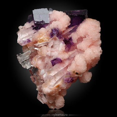 Rhodochrosite with Fluorite and Quartz, natural mineral specimen from Wutong Mine, China (view 2)