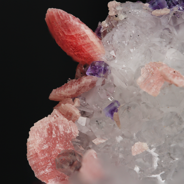 Rhodochrosite with Fluorite and Quartz, natural mineral specimen from Wutong Mine, China (view 2)