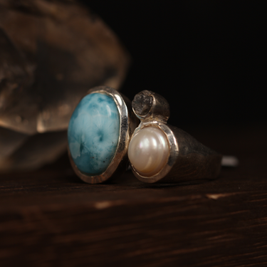 Larimar, Pearl and Raw Diamond Ring