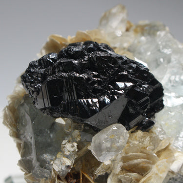 Cassiterite on Aquamarine & Muscovite Cluster, natural mineral specimen (view 3)