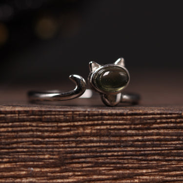 Moldavite Cat Ring, gemstone jewellery (view 2)