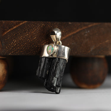 Black Tourmaline, Opal Pendant, gemstone jewellery (view 2)